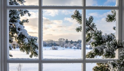 A snowy winter landscape, framed by a frost-covered window with branches