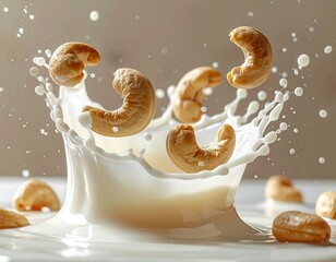 Cashews mid-air, splashing into creamy liquid, creating a splash