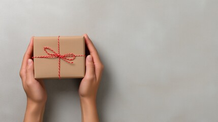 Kraft Gift Box in Hands with Wide Upper Copy Space on Neutral Background