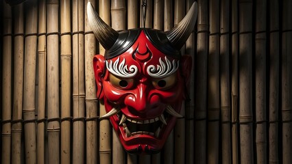 Japanese noh theater red demon mask with horns on a bamboo background