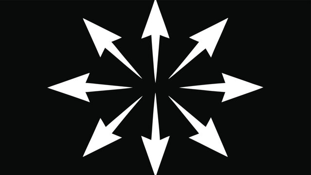 Eight White Arrows Radiating Outwards From Center On Black Background direction movement
