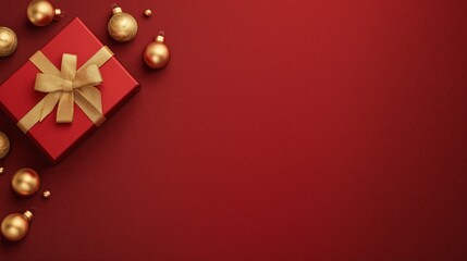 Luxury Christmas Gift on Red Background with Wide Right Copy Space