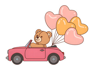 Teddy bear with heart balloons in car isolated on transparent background