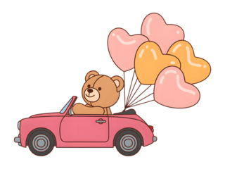 Teddy bear with heart balloons in car isolated on transparent background