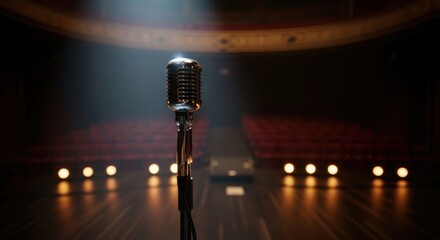 Vintage microphone poised under stage lights, anticipating an upcoming performance or special event