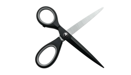 Close-up of a pair of scissors with black handles and silver blades, against a dark background