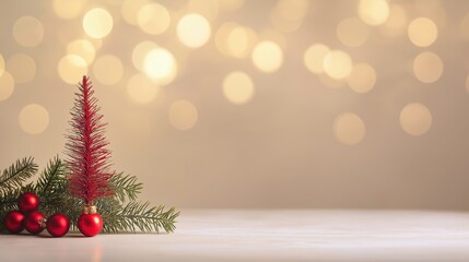 Minimalist Christmas Background with Red Tree and Wide Right Copy Space