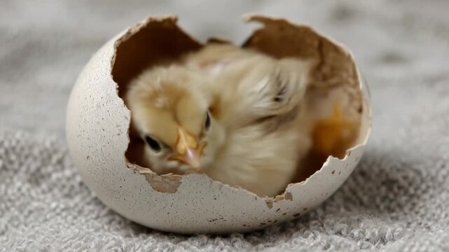 Fluffy yellow chick nestled in a broken white eggshell on soft gray fabric, gazing curiously today!!