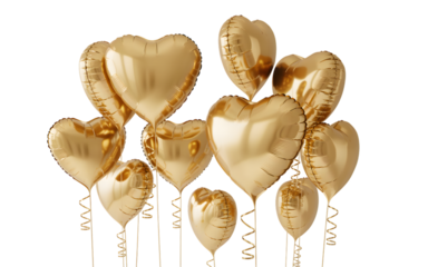Golden heart balloons isolated on transparent background
