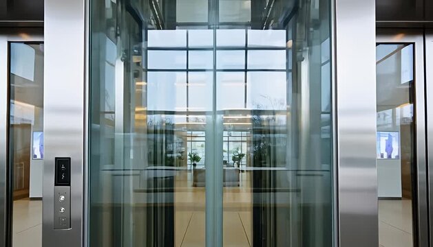 Modern office building lobby with glass elevators and interior plants elevator bank commercial, architecture.