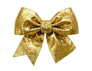 Close-up of a bright, textured gold bow on a transparent background, perfect for holiday decor