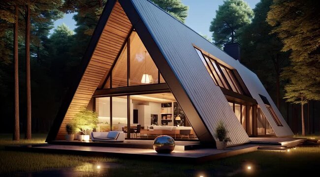 Modern A-frame house in forest.