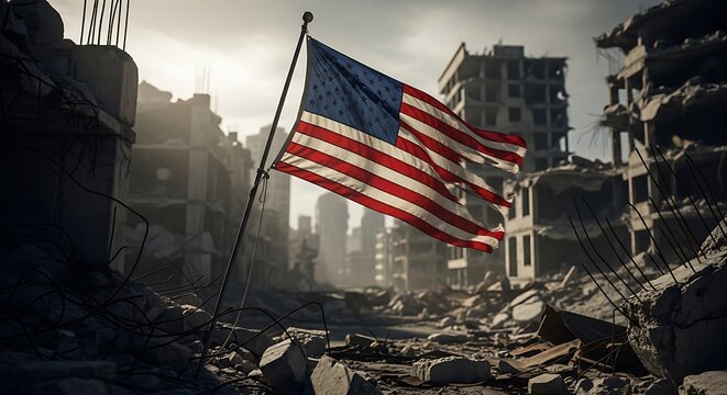 American Flag Waving in Ruined Cityscape.