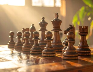 Close-up of chess pieces on a board, with a ray of sunlight