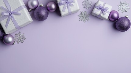 Minimalist Purple Christmas Gifts with Silver Snowflakes on Clean Background