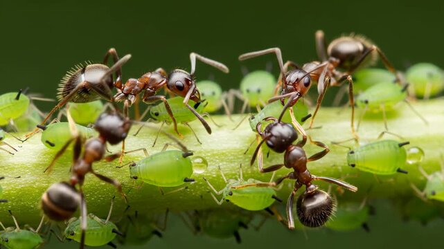 Intricate Macro of Ants Herding Aphids on Plant Stem, Demonstrating Symbiotic Relationships and Pest Control Implications