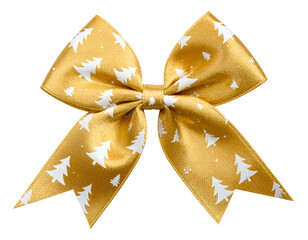 Close-up of a festive, golden satin bow adorned with white Christmas tree pattern