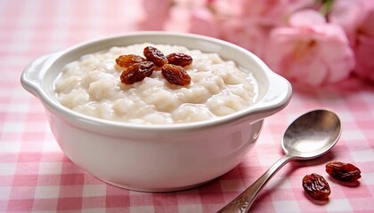 Creamy rice pudding dessert with sweet raisins and floral background dessert inspiration photo, bowl, spoon.