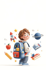 3D cartoon of student wearing a blue backpack with patches, surrounded by educational icons like books, pencil, apple, planet, and rocket, isolated on white background. Copy space, vertical 2:3.