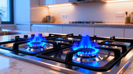 close up of a modern stainless steel gas stovetop burners lit with bright blue flames in a contemporary kitchen setting