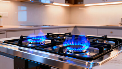 Close-up view of a modern stainless steel gas cooktop with bright blue flames ignited on the burners in a contemporary kitchen setting