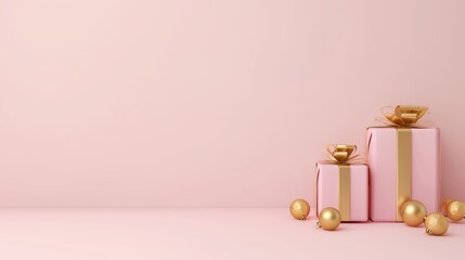 Pink Christmas Gift Background with Gold Ornaments and Wide Left Copy Space
