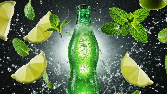 Sparkling Green Bottle Surrounded by Sliced Limes and Mint Leaves With Water Splashes