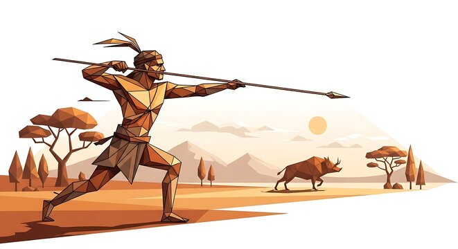Ancient Hunter Throwing Spear at Prehistoric Animal.