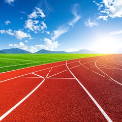 Fototapeta premium Aerial view of a race track on a sunny, blue-sky day
