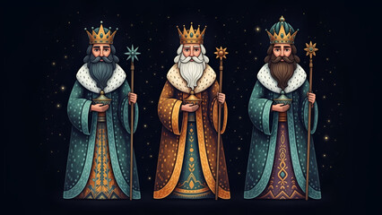 Fototapeta premium Epiphany three kings day illustrated wise men with crowns gifts stars and robes spiritual christian tradition biblical story nativity art for worship education holiday design up now