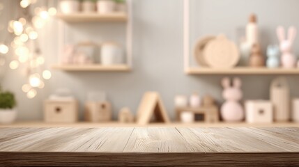 Wooden Table Mockup with Wide Upper Copy Space and Blurred Toy Background