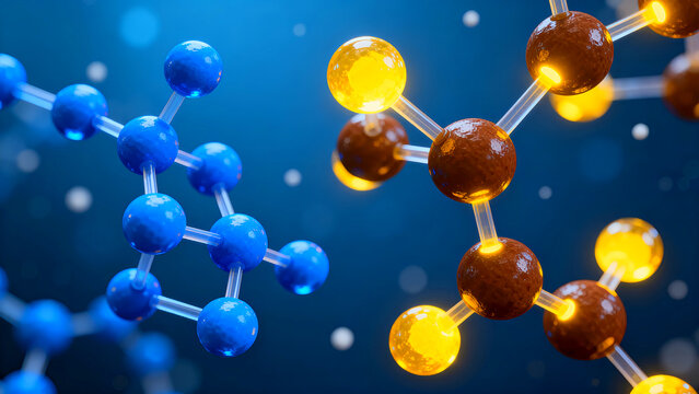 Abstract 3d rendering of glowing molecular structures in blue and amber tones against a dark blue scientific background - Powered by Adobe