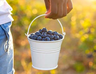 Close-up of hand holding a white bucket overflowing with fresh blueberries