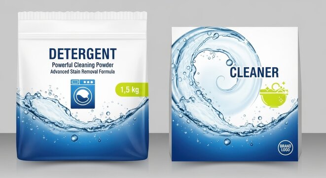Visual Marketing: Detergent Powder Packaging with Fresh Water Swirls and Brand Presentation