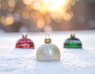 Three Christmas ornaments sit in fresh snow, sunlight creating a warm, magical ambiance