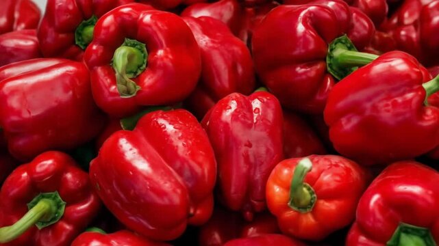 Glossy red bell peppers with green stems, tightly packed together in a vibrant heap. Bright display