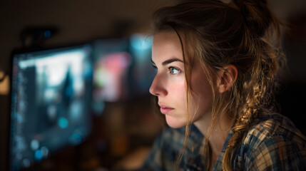 Naklejka premium Side View Profile of a Young Woman Focused on a Computer Screen in a Dark Room