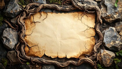 Ancient parchment surrounded by tree roots and stones with warm mystical lighting