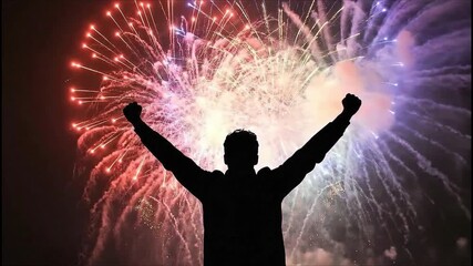 A person joyfully celebrates a burst of colorful fireworks in the night sky.