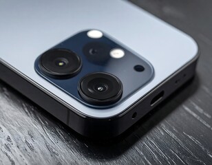 Close-up of a blue-gray smartphone's camera module on dark wood