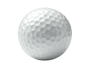 A close-up view of a standard, white golf ball. The sphere showcases a dimpled surface texture against a black backdrop