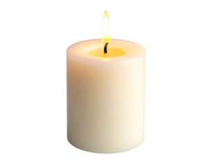 A close-up view presents a cylindrical, ivory-colored candle with a lit, yellow flame against a stark black background