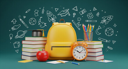 Yellow Backpack School Supplies on Green Background with Books and Clock