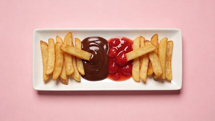 Crispy French Fries with Chocolate Sauce and Strawberry Jam, Served on White Rectangular Plate Against Pink Background (Sweet-Savory Snack)