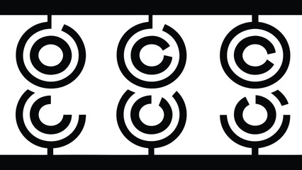 Six Abstract Black Circular Graphic Elements on White Background black and white