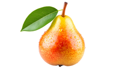 A ripe pear with stem and leaf, glistening with water droplets, isolated on black
