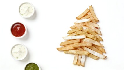 Crispy French Fries Arranged in Christmas Tree Shape with Four Dipping Sauces on White Background (Festive Snack Platter)