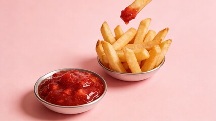Crispy French Fries Dipping into Strawberry Jam, Served in Small Metal Bowls on Pink Background (Sweet-Savory Snack Combination)