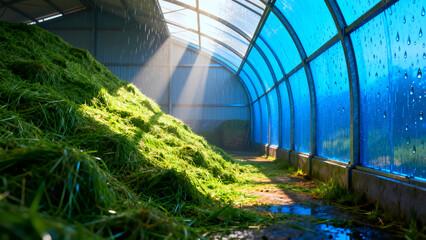 Sunlit silage storage inside a bright agricultural barn with blue translucent roofing panels showing raindrops during fresh grass harvest