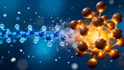 vivid digital illustration depicting the dynamic interaction between a blue chain molecule and a glowing, complex brown atomic structure